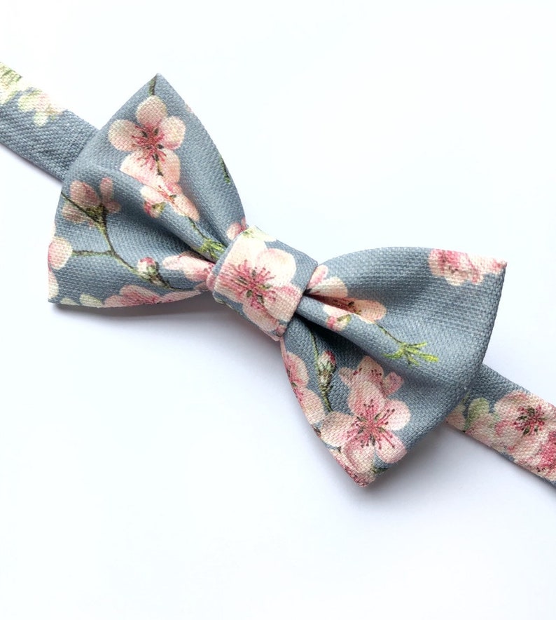 Mens cherry blosom bow tie, in bluey grey linen with a pink floral print. image 5