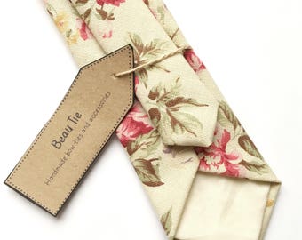 Floral tie, Mens skinny tie, blush pink tie, wedding tie, rose print skinny tie, men's floral tie, linen skinny tie