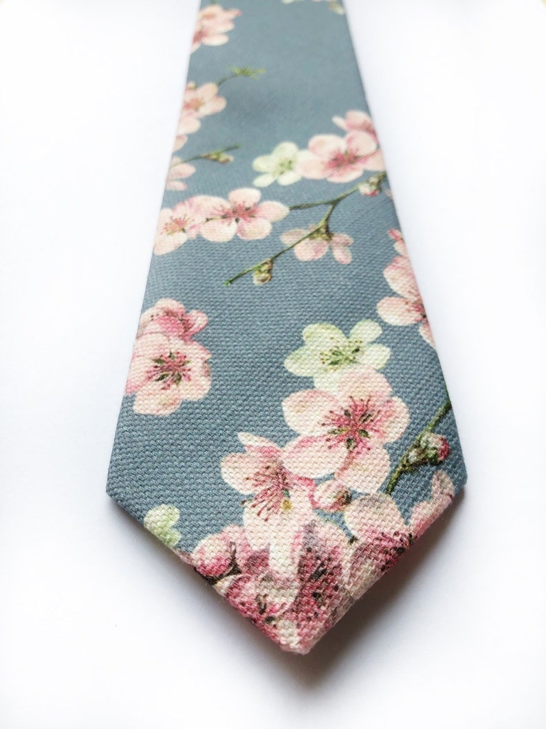 Mens floral tie, cherry blossom print tie, pink and grey tie, mens wedding tie image 4