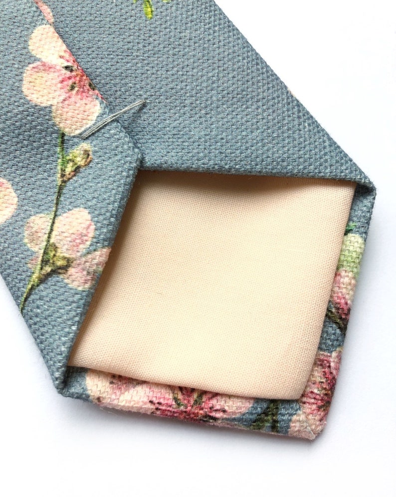 Mens floral tie, cherry blossom print tie, pink and grey tie, mens wedding tie image 7