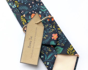 Men's navy blue floral tie, navy blue cotton tie, handmade mens tie, peach coral floral print.tie, wedding floral tie, groom gifts for men