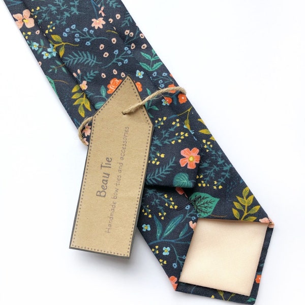 Men's navy blue floral tie, navy blue cotton tie, handmade mens tie, peach coral floral print.tie, wedding floral tie, groom gifts for men