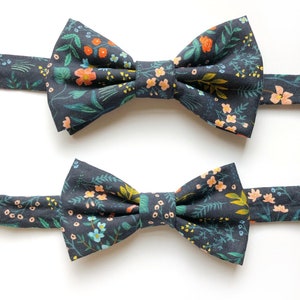 Matching bow tie gift set in navy blue floral cotton, mens bow tie, childrens bow tie