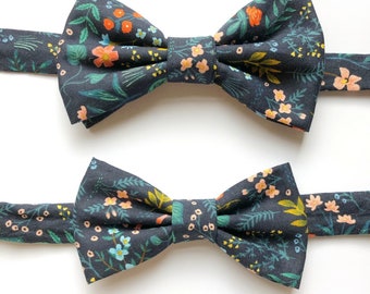 Matching bow tie gift set in navy blue floral cotton, mens bow tie, childrens bow tie