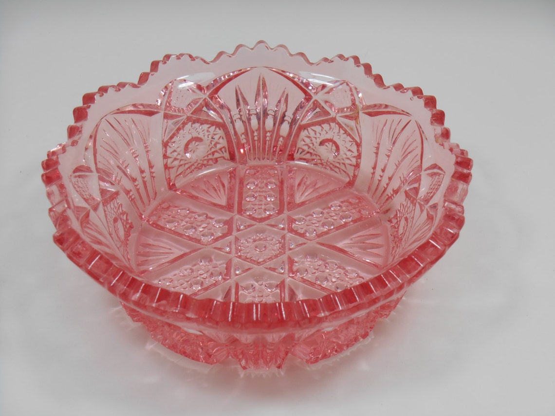 Rose Pink Pressed Cut Glass Bowl Fostoria Star Burst Etsy