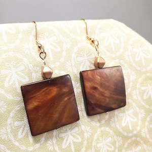 Brown square shell earrings on gold plated earwires