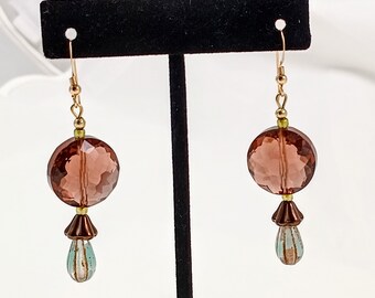 Brown glass earrings with teal blue accents; 2 3/8 inch earrings; on 14kt gold-filled earwires