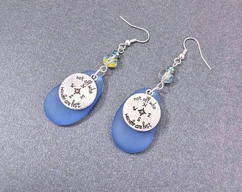 Blue sea glass earrings with inspirational charms on silver plated earwires; 2 3/4 inch drop earrings; summer jewelry; not all who wander