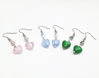 Small glass heart earrings with crystal accents on hypoallergenic, stainless steel earwires; green, pale pink or light blue