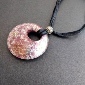 Burgundy and silver Murano glass pendant on fairy silk ribbon; tie on necklace