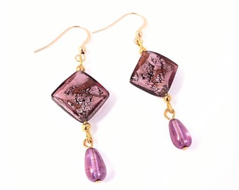 Purple Murano glass earrings on gold filled earwires, 2 1/2 inch earrings with Czech glass teardrop accents