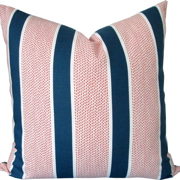 Navy Blue and Coral Stripes-Designer Decorative Pillow Cover-Duralee-Accent Pillow-Sofa Pillow-Throw Pillow-Toss Pillow-Single Sided