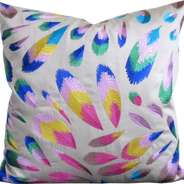 High End Designer Pillow Cover-Multi Color Embroidery Feathers-Fombelle-As seen in HGTV magazine-Accent Pillow-Single Sided