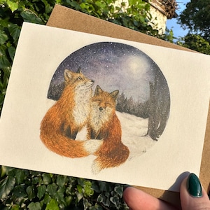 Renards dans la neige hiver carte de voeux design original A6 peinture à l'aquarelle de renard animalier britannique