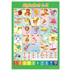 May include: A colorful alphabet chart with illustrations of animals, objects, and foods. The chart includes the letters A-Z and the numbers 1-10. Each letter is paired with a corresponding image and word.