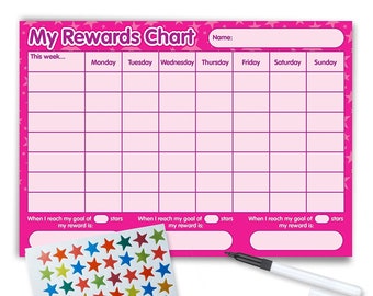 May include: Pink reward chart with a grid for each day of the week, Monday through Sunday.  The chart has a space for a name, and a section for writing in a reward.  The chart comes with a sheet of colorful star stickers and a dry-erase marker.
