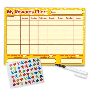 Heruitgeboekbare reward chart (inclusief GRATIS stickers en pen) - Yellow Stars Design