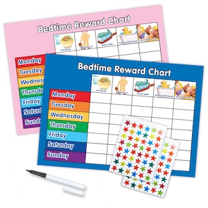 May include: A blue and pink bedtime reward chart with a rainbow colored daily grid, five illustrated activities, and two sheets of colorful star stickers. The chart says "Bedtime Reward Chart" at the top.