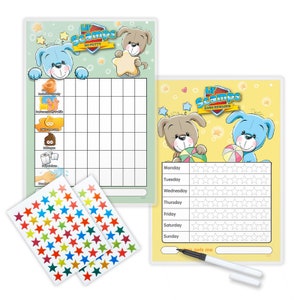 Puede incluir: Dos tablas coloridas con perros de dibujos animados y estrellas para que los niños las usen como tabla de recompensas. La tabla de la izquierda es para el entrenamiento para ir al baño y la tabla de la derecha es para ganar recompensas. Las tablas están impresas en papel blanco con un fondo verde y amarillo. Las tablas están acompañadas de dos hojas de pegatinas de estrellas de colores.