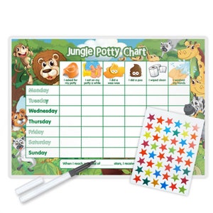 May include: A green and white jungle-themed potty training chart with a colorful sticker sheet. The chart has days of the week listed on the left side and a grid of squares for each day. The sticker sheet has colorful stars. The chart has the text "Jungle Potty Chart" at the top and includes images of animals like monkeys, lions, and zebras. The chart also has text that says "When I reach a total of ____ stars, I receive ____".