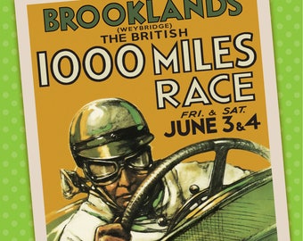 Vintage car poster racing motorsport automobile- A4 - Brooklands 1000 miles - A4 - Great quality - Great Gift Idea