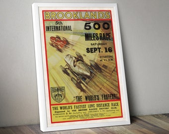 Vintage car poster racing motorsport automobile- A4 - Brooklands 500 miles - A4 - Great quality - Great Gift Idea