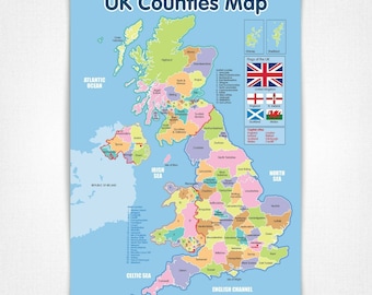 Mapa de los condados del Reino Unido Póster educativo A4