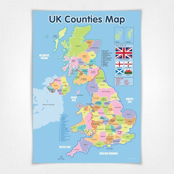 Map Of Great Britain Counties Uk Counties Map Educational Poster A4 - Etsy Singapore