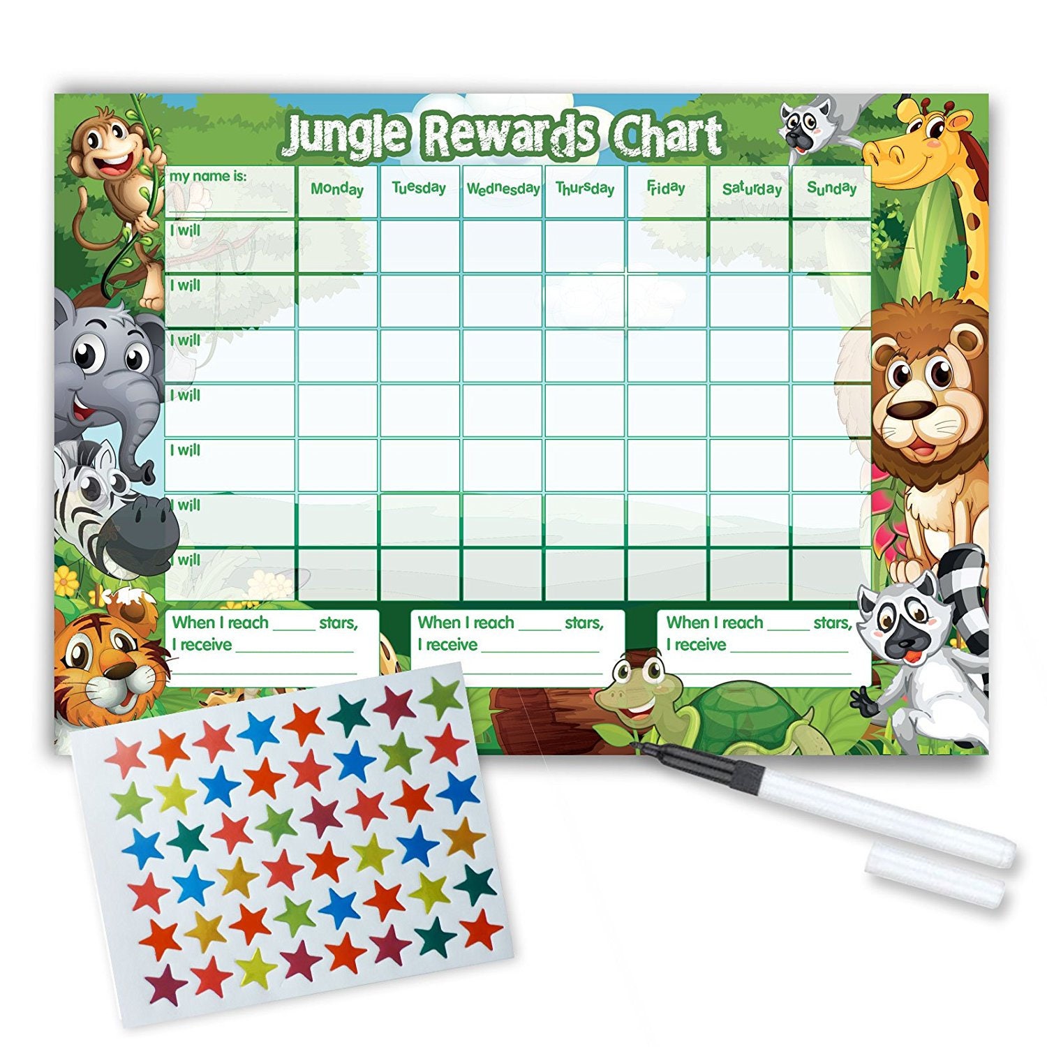 including FREE Pen and Stickers Jungle Design Re-usable Reward Chart 