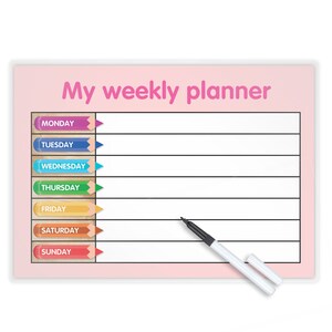 Meu planejador semanal - Acabamento limpo - Caneta para limpeza a seco grátis - COMPRAS / CRIANÇAS / TAREFAS (rosa claro)
