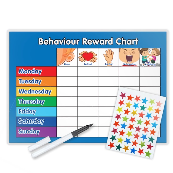 1 Blue Laminated REUSABLE Reward Chart Stickers & Pen 1 chart 