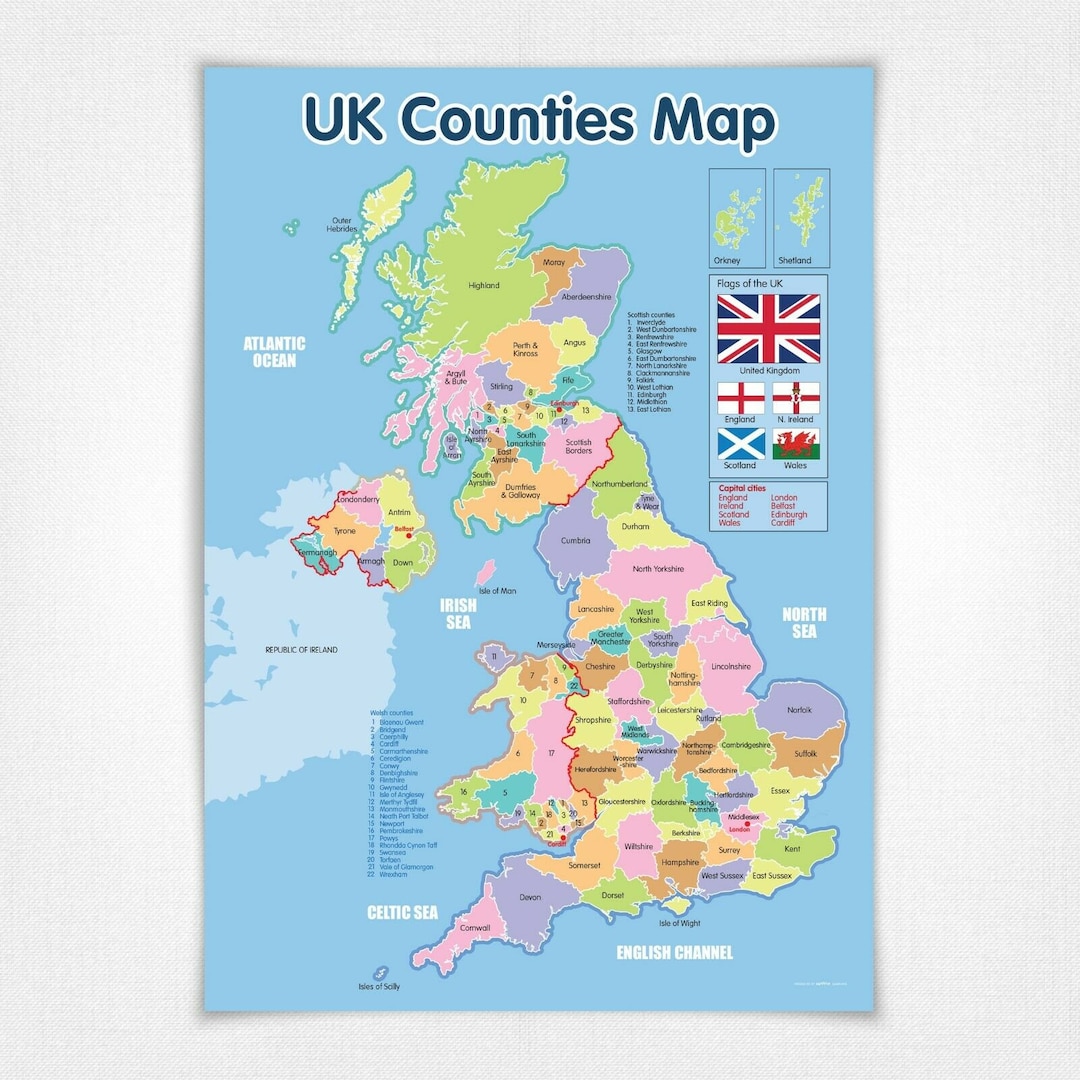 UK Counties Map Educational Poster A3