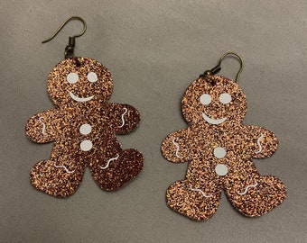 Glitter Gingerbread man faux Leather Earrings