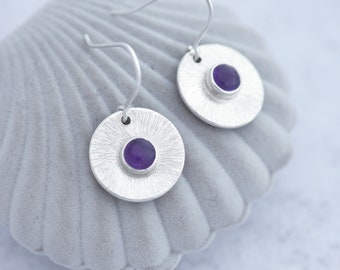Handmade Amethyst earrings, Round Sterling Silver Gemstone Earrings, February Birthstone Earrings
