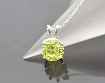 Peridot Necklace, Round Solitaire Peridot Pendant, Sterling Silver and August Birthstone Pendant