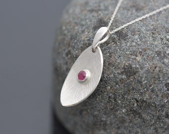 Handmade Ruby Pendant, Oval Leaf Shape Sterling Silver Ruby Necklace, July Birthstone Pendant, Gemstone Pendant