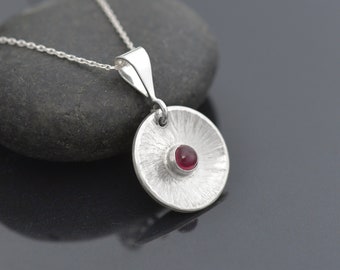 Handmade Ruby Pendant, Round Sterling Silver July Birthstone Pendant, Ruby Necklace, Gemstone Pendant