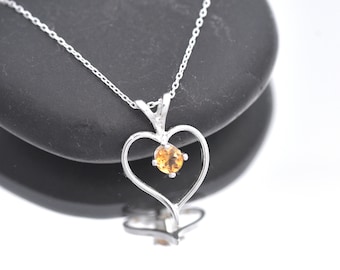 Citrine Necklace, November Birthstone Necklace, Sterling Silver Heart Pendant with Faceted Citrine, Citrine Pendant, Gemstone Pendant