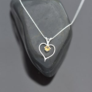 Silver Heart Pendant with Citrine, November Birthstone Necklace, Citrine Necklace
