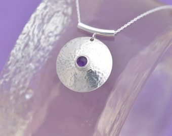 Handmade Amethyst Pendant, Round Sterling Silver February Birthstone Pendant, Amethyst Necklace, Gemstone Pendant