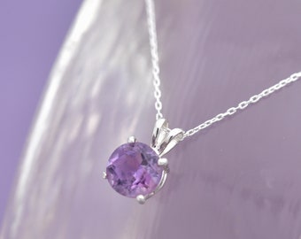 Round Amethyst Pendant, February Birthstone Pendant, Sterling Silver and Amethyst Necklace