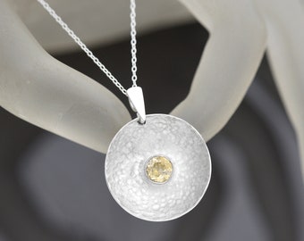 Handmade Sapphire Pendant, Round Sterling Silver Light Yellow Sapphire Necklace, Gemstone Pendant