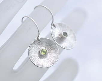 Peridot Earrings, Green and Silver Round Hammered Earrings, Round Silver Earrings with Peridot, Peridot Jewelry, Jewelry August Gift for Her
