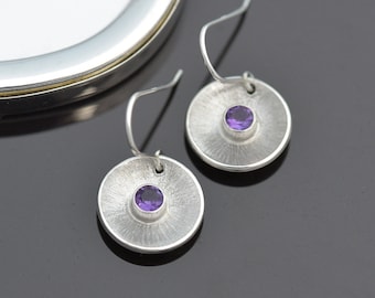 Handmade Amethyst Earrings, Round Sterling Silver & Amethyst Earrings, February Birthstone Earrings, Gemstone Earrings