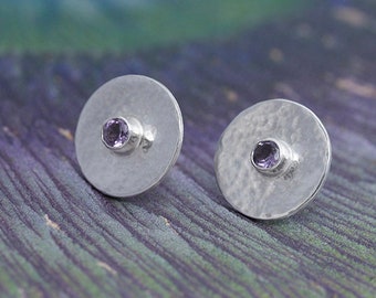 Handmade Amethyst Earrings, Round Sterling Silver Amethyst Stud Earrings, February Birthstone Earrings, Gemstone Earrings