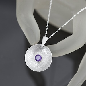 Handmade Amethyst Pendant, Round Sterling Silver February Birthstone Necklace, Amethyst Necklace, Gemstone Pendant