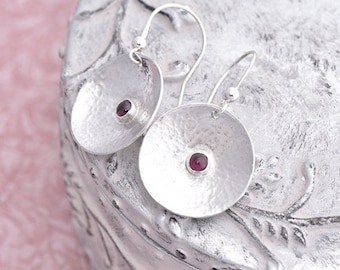Handmade Garnet Earrings, Round Sterling Silver Gemstone Earrings, January Birthstone Earrings