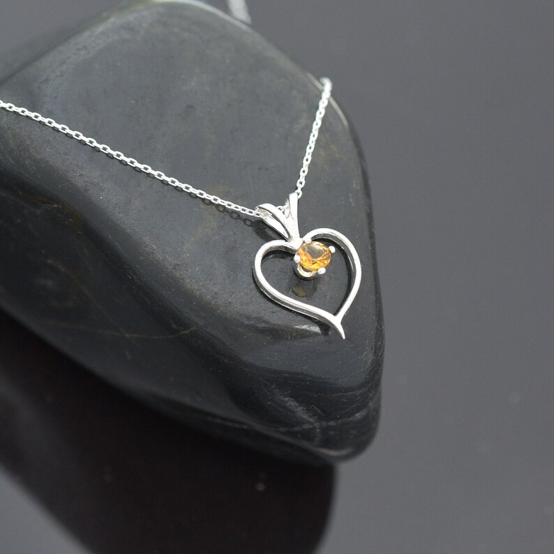 Silver Heart Pendant with Citrine, November Birthstone Necklace, Citrine Necklace
