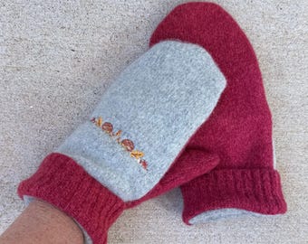 women's recycled wool/cashmere/angora sweater mittens in gray and rusty red with embroidered headgehogs
