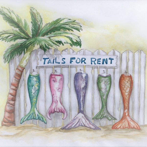 watercolor print,mermaid art,mermaid tails,small artwork,small print,beach art,cottage decor,little girls art,palm trees,color full art,pool